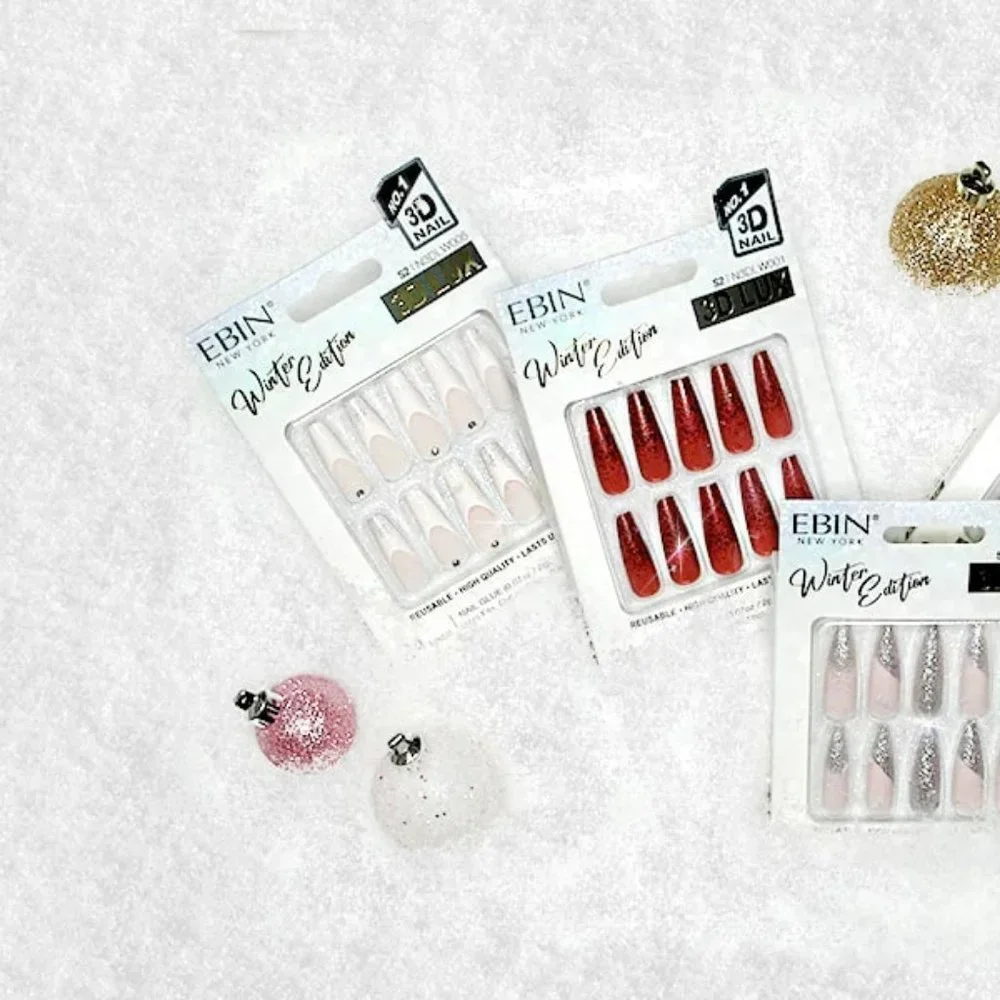 NEW EBIN New York 3D Lux Winter Edition in Dazzling Gala Glue On Nail 24pc Set